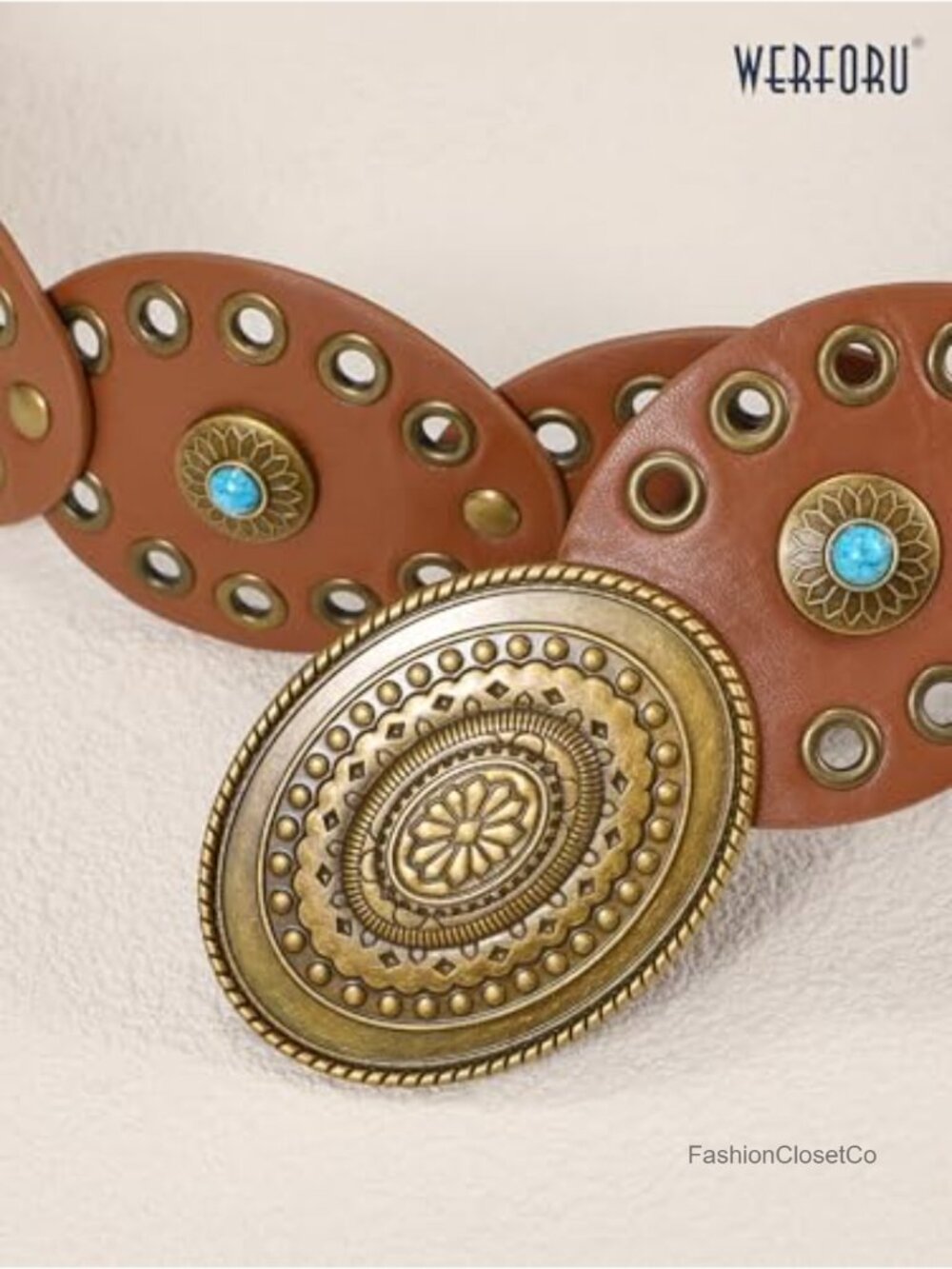 Western Disc PU Leather Belt with Turquoise Accents for Dress Concert - Picture 4 of 7